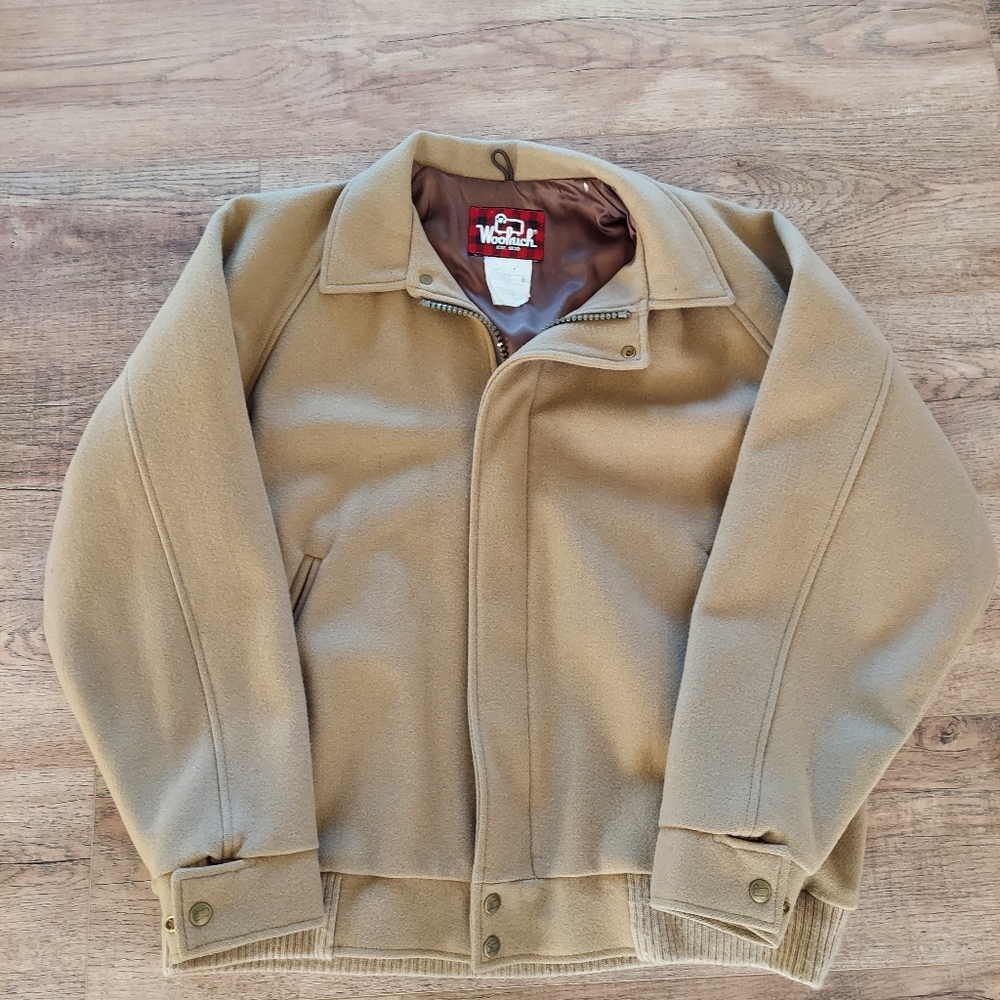 Vintage WOOLRICH Wool Coat Flight Jacket Tan Lined Large Made in USA Blouson EUC - Picture 12 of 16